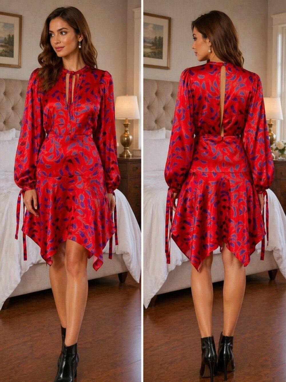 NWT Self-Portrait Red Satin Print Midi Dress $465